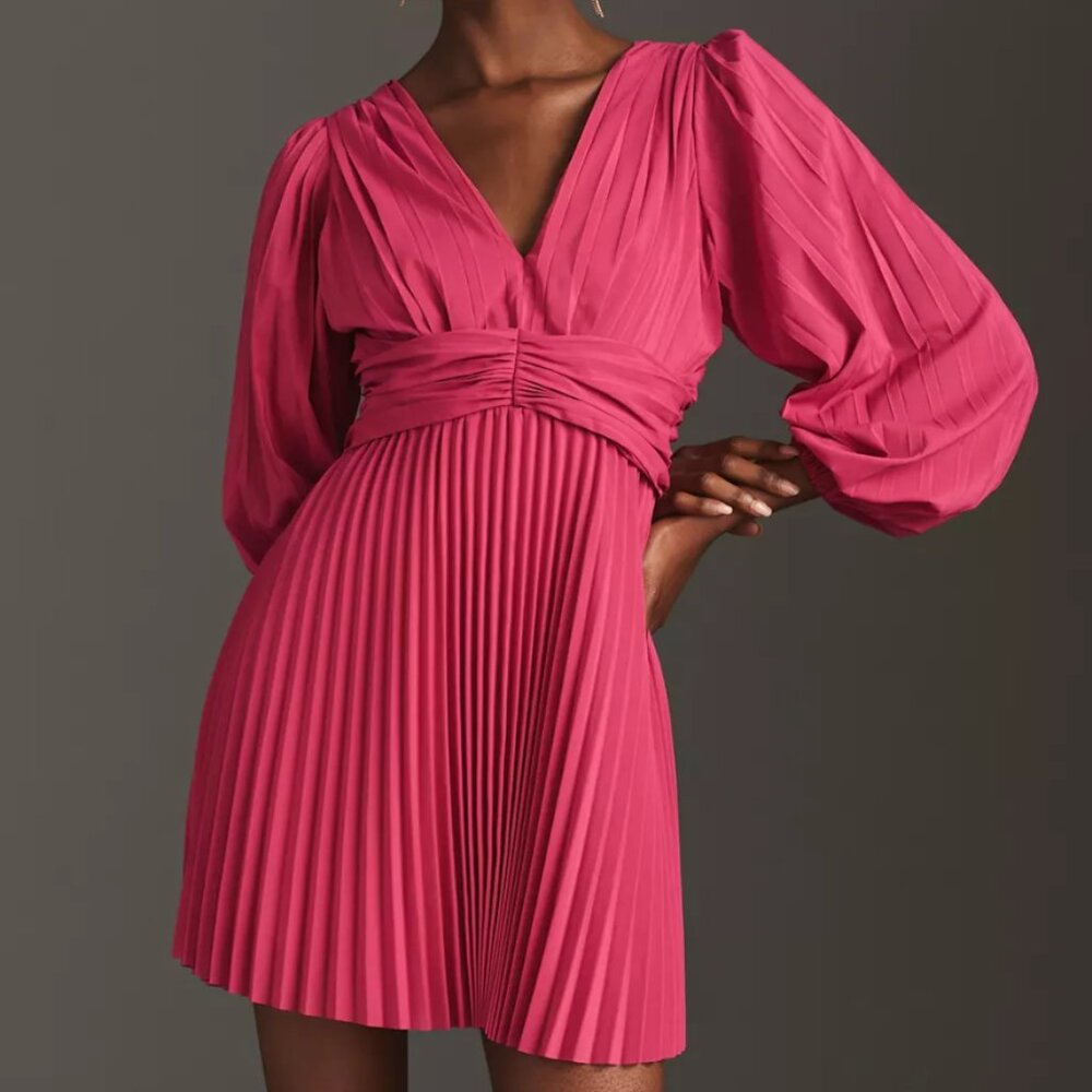 Aureta X Anthropologie Pleated Long-Sleeve V-Neck Dress